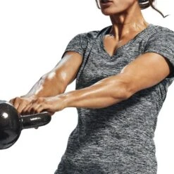 Under Armour Women's Tech™ SS V-Neck Twist T-Shirt Black / Metallic Silver -Featured Sports Equipment Store s7.v5 1258568 001 bc